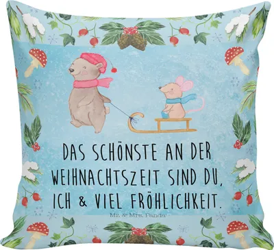 Produktbild von Mr. & Mrs. Panda kissen für sofa Bär und Maus Schlitten - Eisblau - Geschenk, Wintermotiv, Kuschelkissen, Zierkissen, Deko, Dekokissen, bedruckt, Polster