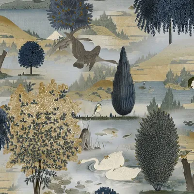 Image de Holden Décor - Papier peint "Lac des cygnes" AG2942 (10 m x 53 cm) (bleu marine/chêne)