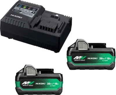 A black battery charger and two green and black batteries are arranged on a white background.