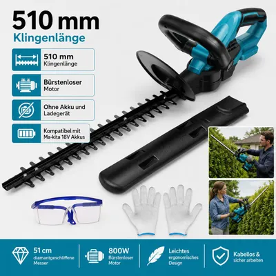 Produktbild von Akku Heckenschere, Bürstenlos Strauchschere kompatibel mit Ma-kita18V Akkus, 51cm Messer, Grasschere, Strauchtrimmer, Ohne Akku und Ladegerät
