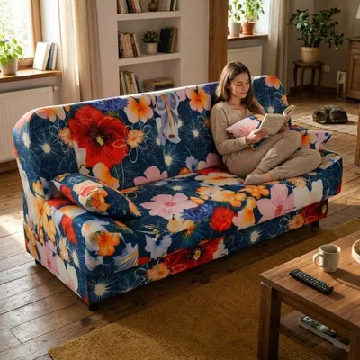 Produktbild von Schlafsofa SARA Poly – Blumen-Design, Webstoff in Blau, Family Meble, KI-generiertes Bild