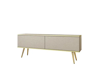 Zdjęcie produktu dla Mała Komoda RTV Glamour Nowoczesna Szafka RTV Beż Piaskowy Mat złote Nogi 135 cm ryflowane fronty