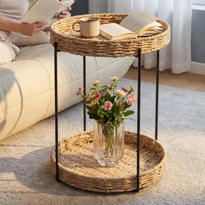 Produktbild von doporro Beistelltisch rund, Kleiner Tisch, Couchtisch rund mit 2 geflochtenen Ablagen aus natürlichem Papierseil,37 x 55 cm, Schwarz Reglo-08