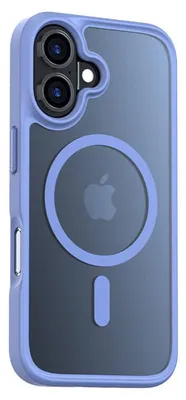 A blue and gray iPhone case with a magnetic ring is shown against a light gray background.