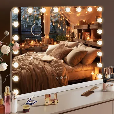 Productafbeelding van Make-upspiegel met verlichting - Hollywood spiegel - Perfecte make-up - Instelbare helderheid en kleur - 80 x 60 cm - Wit