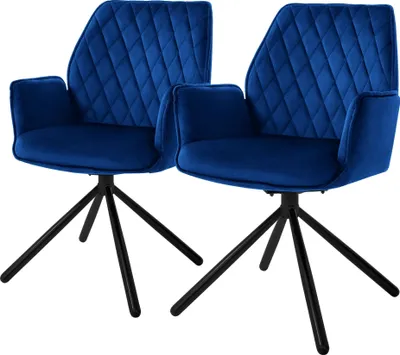 Two dark blue velvet dining chairs with black legs on a white background.