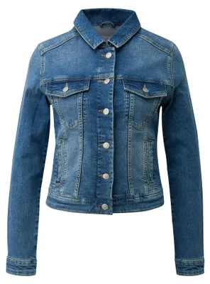 Produktbild von s.Oliver Damen Denim Jacke tailliert halblang Haikragen Brusttaschen Knopfleiste Used-Look elastisch