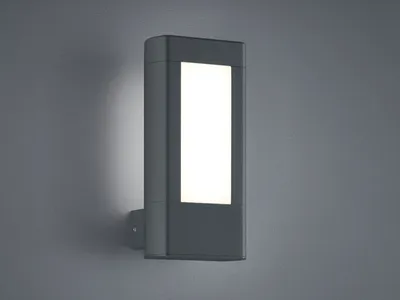 A modern, rectangular LED wall light with a white illuminated panel, mounted on a gray wall.
