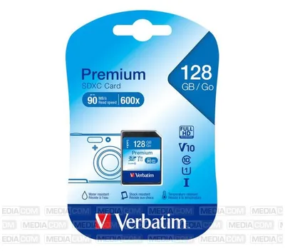 Obrázek produktu pro Verbatim Premium, 128 GB, SDXC, Třída 10, 10 MB/s, 10 MB/s, Vícebarevný
