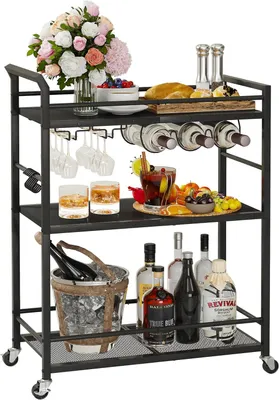 Immagine prodotto di Carrello servitore a 3 ripiani con ruote, portabottiglie per vino, portabicchieri, colore nero, per la cucina