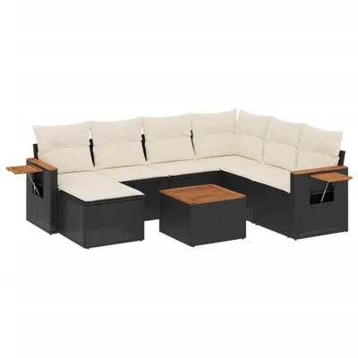 Produktbild von 8-tlg. Garten-Lounge-Set, Poly Rattan Schwarz, mit Cremeweißen Kissen, Akazienholz-Tischplatte, UV-beständig, Modulares Design