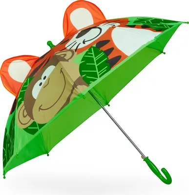 Immagine prodotto di Ombrello per bambini Relaxdays, motivo 3D con scimmia e tigre, ombrello per bambini e bambine, Ø 78 cm, ombrello a stecca, multicolore