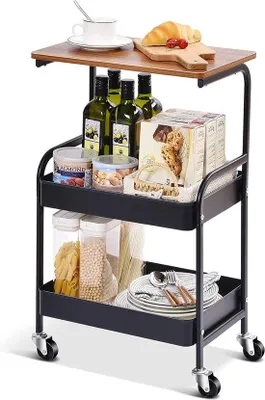 Obrázek produktu pro 3patičkový servírovací vozík s dřevěnou deskou, černý, do kuchyně, kanceláře