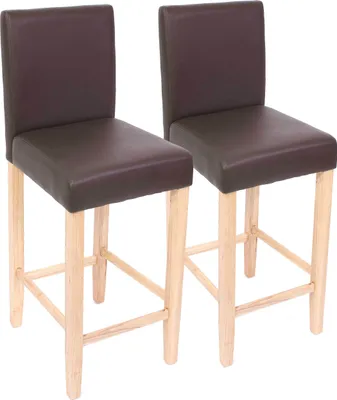 Two brown bar stools with light wood legs against a white background.