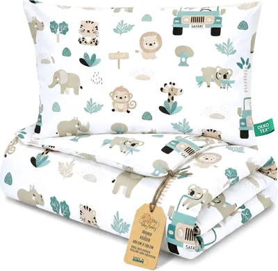Immagine prodotto di Set di lenzuola per culla per bambini, senza copripiumino, composta da:
- 1 lenzuola per culla 100x135 cm
- 1 lenzuola per cuscino 60x40 cm
Realizzate in cotone, ideali per culla, lettino e letti per bambini