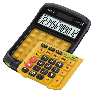 A Casio calculator is shown from a slightly elevated angle, with its screen displaying numbers and its yellow keypad in the foreground.
