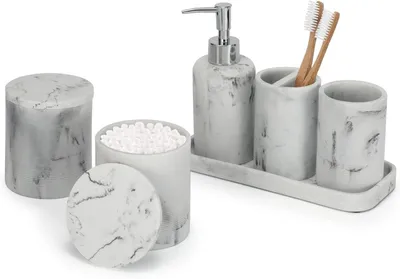 Obrázek produktu pro Sada doplňků do koupelny, 6 kusů: držák na zubní kartáčky, dávkovač mýdla, bílý mramorový design, pro koupelny