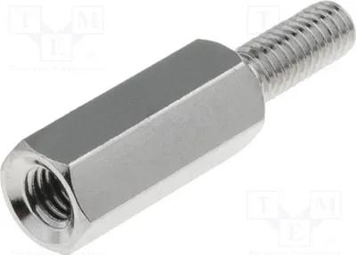 Immagine prodotto di 10 distanziatori filettati, filettatura interna: M3, diametro: 6 mm, filettatura esterna: M3, materiale: ottone, codice prodotto: 214X06. Distanziatori