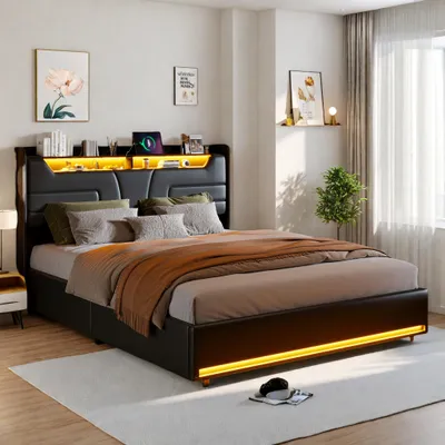 Zdjęcie produktu dla Łóżko podwójne 140x200 cm w czarnej skórzepoliuretan z hydraulicznym schowkiem, zagłówkiem LED z portami ładowania i listwą oświetleniową u podnóża łóżka