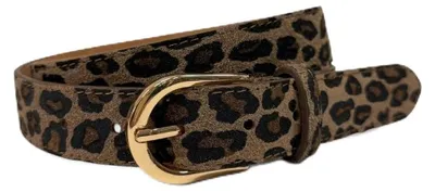 Produktbild von Damen Gürtel Echtleder Schmal 2,8 cm – Wildleder Ledergürtel mit Metallschnalle, Verstellbarer Taillengürtel für Jeans, Kleid und Hose (Leo Schoko Gold, 95)