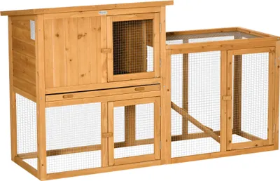 Image de Cage pour lapin, couleur orange, dimensions 141x60x86 cm. Cage pour lapin en bois de pin, adaptée aux petits animaux, résistante aux intempéries, avec une zone de repos, une rampe et un bac amovible pour une utilisation intérieure et extérieure