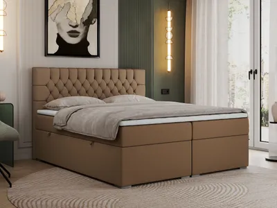 Produktbild von Boxspringbett 180x200 mit Matratze und Topper, Boxspringbett 180x200 mit Bettkasten und Kopfteil - PERA - 180x200 - Braun - Kunstleder - H4