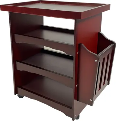 A dark red wooden side table with multiple shelves and a magazine rack.