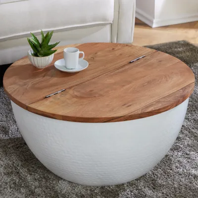 Image de riess-ambiente Table basse ronde ORIENT STORAGE 60 cm, bois d'acacia blanc, avec espace de rangement, finition martelée, table d'appoint