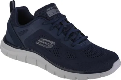 A single navy blue Skechers sneaker is shown from a side-angle on a white background.
