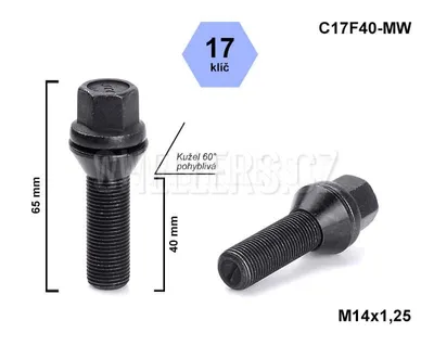 Obrázek produktu pro Kolový šroub M14x1,25x40 kužel pohyblivý černý, klíč 17, C17F40-MW-BLACK, výška 65 mm