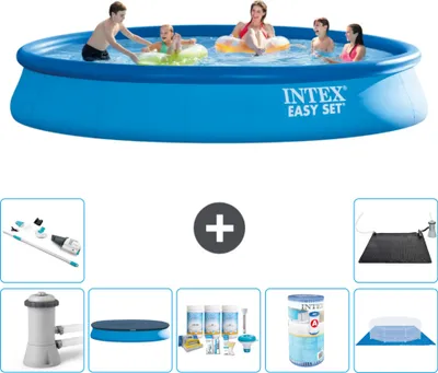 Produktbild von Intex runder aufblasbarer Easy Set-Schwimmpool – 457 x 84 cm – Blau – inklusive Pumpe Abdeckung - Wartungspaket - Filter - Bodenplane - Staubsauger - Solarmatte