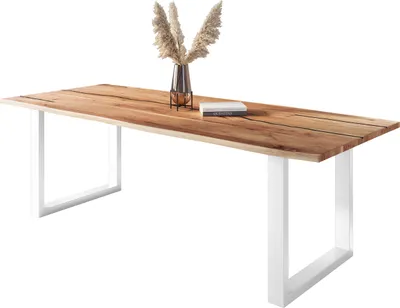 Produktbild von Baumkantentisch Akazie mit schwarzen Resin-Adern naturfarben 280 x 100 cm U-Gestell weiß POLLY