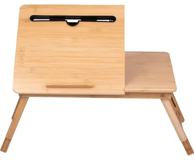 Immagine prodotto di Tavolino regolabile per laptop - Tavolino da letto per laptop - Supporto per laptop da letto - 21,5 x 27,5 cm - Tavolino pieghevole per letto - con portabevande e supporto per tablet – in legno di bambù