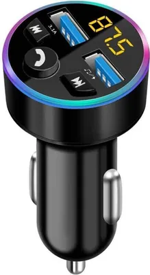 A black car FM transmitter with dual USB ports and a digital display.