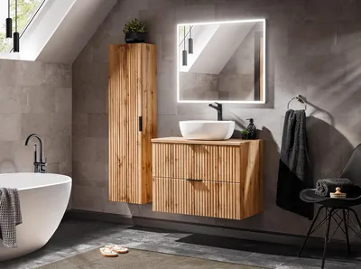 Image de Ensemble De Meubles De Salle De Bain En Chêne Wotan 80 Cm Avec Lavabo Et Miroir Led