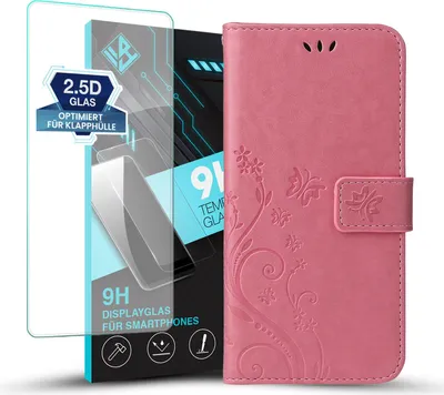 Produktbild von Handyhülle für Xiaomi Redmi 15 / 15 5G mit 9H Displayglas Floral Blumen Schmetterling Flip Cover Hülle Case Klapphülle Handytasche Farbe: Rosegold
