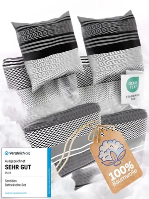 Produktbild von Sentidos Grau Bettwäsche Set 135x200cm 4 teilig %100 Baumwolle , mit Reißverschluss, geeignet für Winter oder Sommer