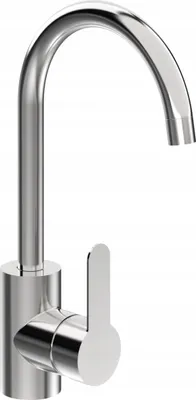 A studio shot of a single kitchen faucet against a white background.
