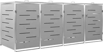 A row of four identical stainless steel trash can enclosures with slatted doors and tops, presented against a white background.