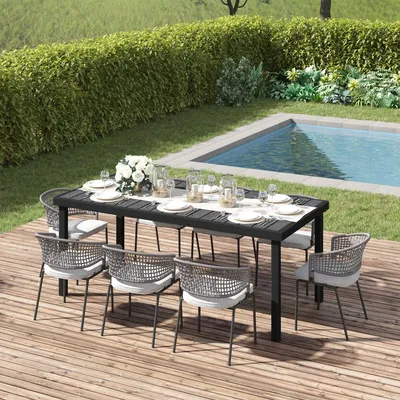 Produktbild von Gartentisch Aluminium wetterfest 8 Personen, Terrassentisch Holzoptik Kunststofflamellen, Schwarz | 190x90x74 cm | 50 kg | verstellbare Füße
