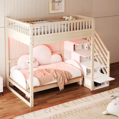 Immagine prodotto di Letto a castello 140x200 cm in legno di pino, con scala contenitore e barra luminosa a LED; letto per bambini con ringhiera di sicurezza e scala montabile su entrambi i lati