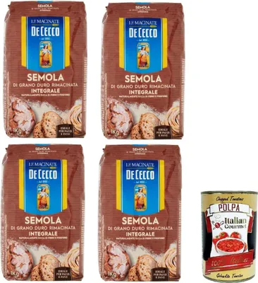 Produktbild von De Cecco Semola di Grano Duro Integrale Vollkorn Hartweizengrieß 4x1Kg ideal für Pasta und Brot + Italian Gourmet polpa 400g