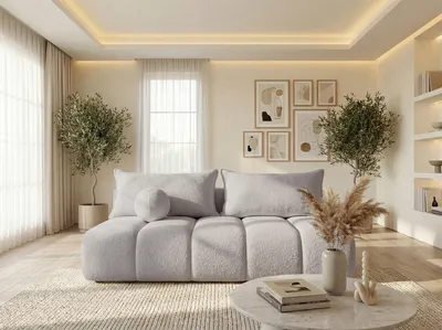 Produktbild von Schlafsofa mit Bettkasten – 3-Sitzer Sofa Couch mit Schlaffunktion, Bettfunktion – Skandinavische Polstercouch im modernen Design – Weicher Bouclé, Bouclestoff – Sand Beige