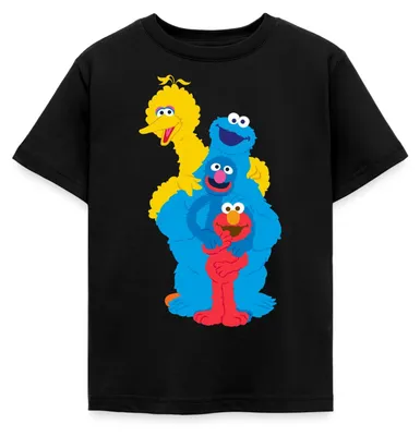 Produktbild von Spreadshirt Sesamstraße Elmo Grobi Krümelmonster Bibo Kinder T-Shirt, 110/116 (5-6 Jahre), Schwarz
