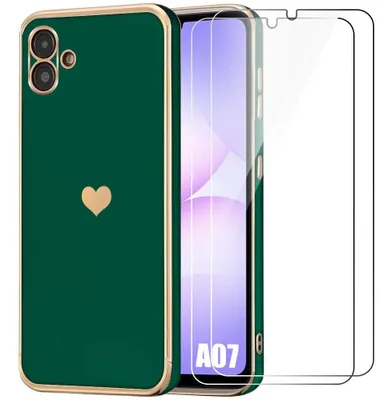Image de Coque + 2 Verres Trempés pour Samsung Galaxy A07, Silicone avec Motif Cœur Protection Antichoc Slim Vert Nuit