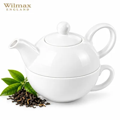 Immagine prodotto di Teiera e teiera per caffè Wilmax, con filtro integrato per versare, in porcellana bianca, con tazza da 375 ml e 340 ml
