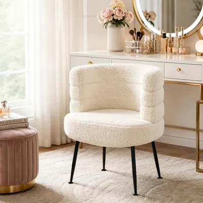 Produktbild von Bouclé Sessel, Moderner Loungesessel Schminktischstuhl mit Armlehnen und Gepolsterter Rückenlehne, Cocktailsessel mit Metallbeinen für Wohnzimmer