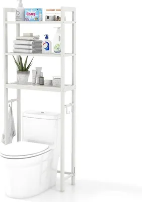Produktbild von Famanu Toilettenregal mit 3 Regalen und 3 Haken - 170 cm - für Waschmaschine - Weiß