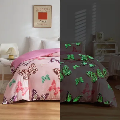 Obrázek produktu pro Svítící povlečení pro děti, dívky, rozměr 155x220 cm, motiv motýlů, které svítí ve tmě, materiál: mikrovlákno, 2dílná sada