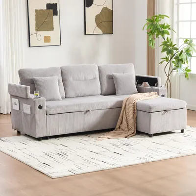 Image de OKWISH Canapé Convertible 3 Places avec Rangement Hydraulique et Porte-Gobelet, Velours Côtelé, 212,5 x 136 x 86 cm - Gris Clair